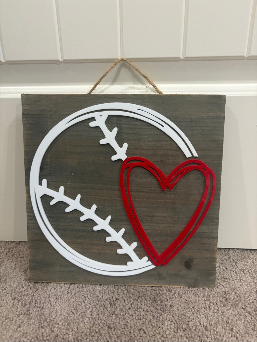Rustic Baseball Heart Wall Sign - White & Red